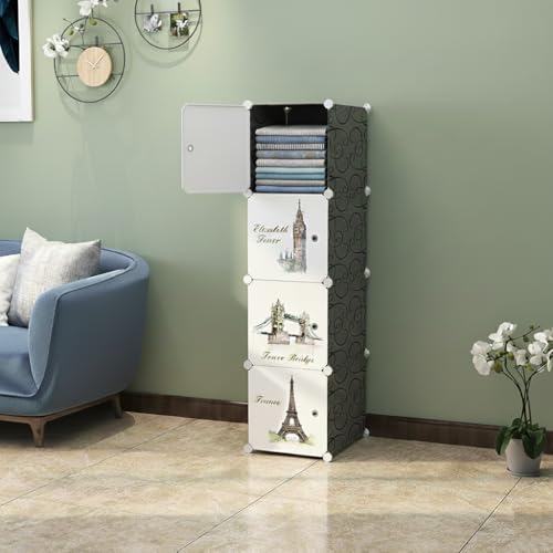 Image of KRISHYAM Kids Modular Storage Cabinet with Travel Landmark Design Doors, 4 Cube Plastic Wardrobe Organizer, DIY Closet System with Hanging Rod, Toy & Clothes Storage (Tower Print, 4 Box)