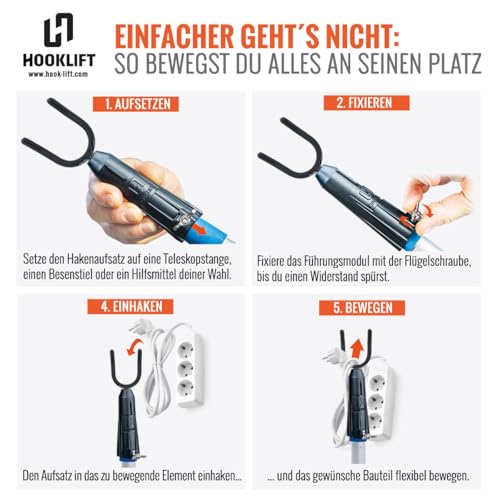 Hooklift Teleskopstangenaufsatz mit gummiertem U-Haken zum Aufnehmen, Anheben und Bewegen von Kabeln, Schläuchen und Gegenständen – ideal für Haushalt, Garten, Werkstatt und Events.