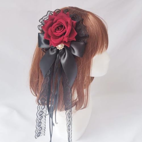 Pinza para cabello con lazo y perlas roja estilo gótico miniatura 6