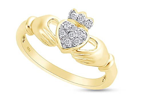 AFFY 1/10 Carat Round Cut White Natural Diamond Claddagh Ring In 14K Gold Over Sterling Silver (Clarity : I2-I3, Color : J-K, 0.1 Cttw)2