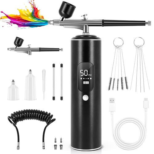 Image of Airbrush Kit with Compressor, 2 Airbrushes, 6400mAh 50PSI High Pressure Airbrush for Nails with 0.2 /0.3 /0.5mm Nozzle Sets, Airbrush for Nails, Modeling, Cake Decorating, Pastry (Black)