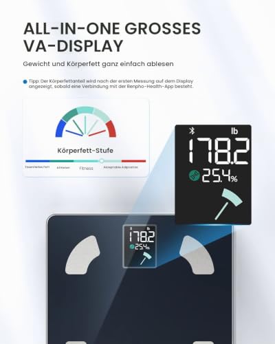 RENPHO Personenwaage Digital mit Großem VA-Display, Waage mit Körperfett und Muskelmasse, 13 Körpermaße, Elis 1 – Ansicht 2