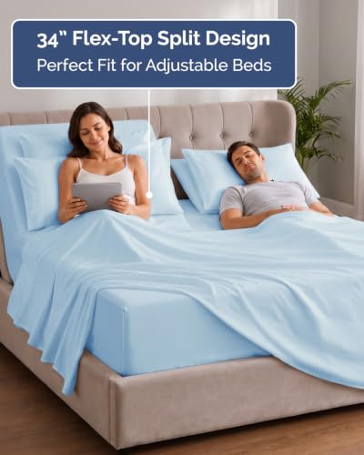 Image of Extra Deep Flex Top Split Head King Sheet Set - 6 Piece Breathable and Cooling Sheets - Hotel Luxury Bedding for Women, Men, Kids & Teens - Easy Secure Fit - Extra Deep Pockets - Sky Blue