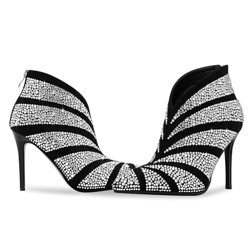 Women's Rhinestone Pointed Toe Stiletto High Heel Ankle Boots Suede Dress Booties4