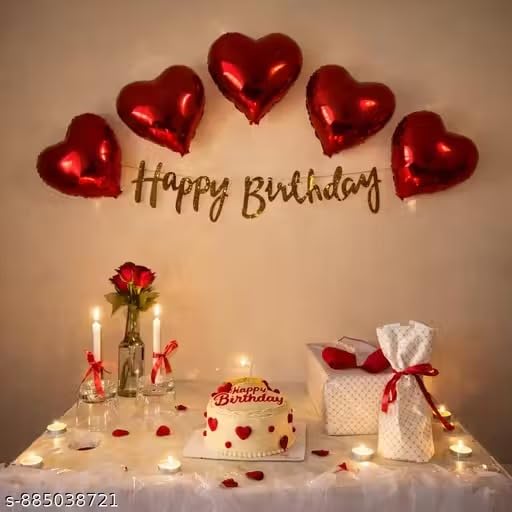 Birthday Decoration Kit with Red Heart Foil Balloons (5 pcs), Happy Birthday Decoration Banner & Glue Dots ,1 pcs light – Romantic Birthday Room Decoration Set for Surprise Party & Home Decor-image-8