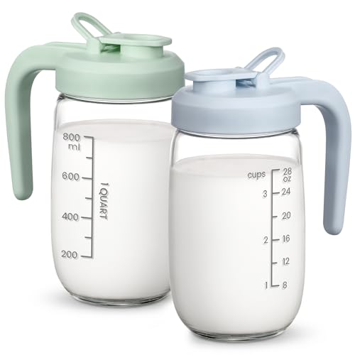 2 Pack Breast Milk Pitcher 32 OZ Heat & Cold Resistant Sudden Temperature Safe Fast Baby Formula Maker with Wide Mouth No Leak Glass Fridge Storage Container for Juice Cold Brew-Blue Green