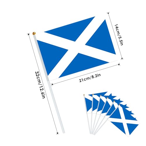 AhfuLife Klein Schottland Flaggen für St. Andrew’s Day, 15 Stück Schottische Handflaggen mit 30 cm weißem Pole für 2025 Fans Fußball Euro St. Andrew’s Day Party Zuhause Garten Bar Deko