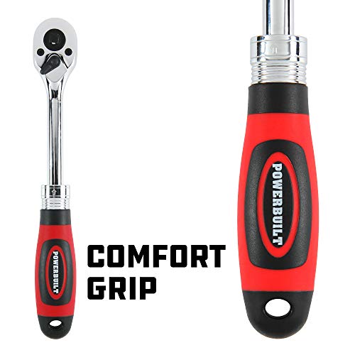 Image of Powerbuilt Dual Size Extendable Ratchet, 1 /4-Inch and 3 /8-Inch Drive, 72 Tooth, 5 Degree Swing, Lightweight, Rubber Handle Red - 940926