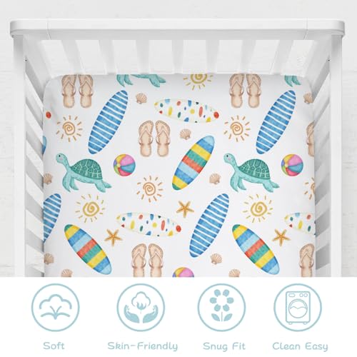 Image of Boho Summer Beach Surf Baby Crib Sheet 52''x28'' Colorful Surfboard Sun Turtles Stretchy Fitted Crib Mattress Sheet for Boy Girl Holiday Soft Baby Bed Sheets for Standard Crib and Toddler Mattress