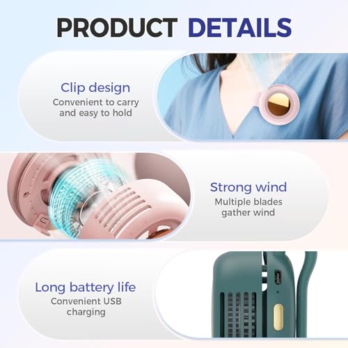 Portable Silent Mini Bladeless Fan Clip On, 2025 Adjustable 3-Speed Suspended Waist Fans,Mini Bladeless Fans with Clip,Portable for Travel, Outdoor, Office, Travel (Green) - Thumbnail 5