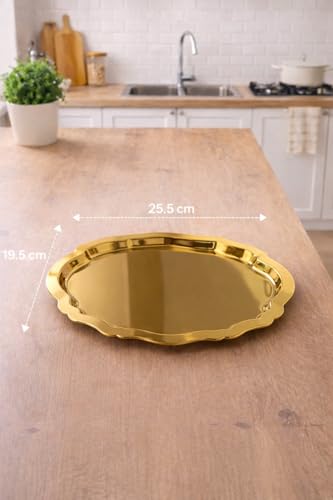 Ovaldi Gold Metal Servis Tepsisi 25,5x19,5 cm | Modern ve Dekoratif Sunum Tepsisi Altın 23 x 23