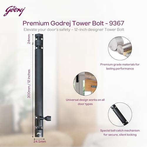 Image of Godrej Door Fittings | 12 inch Tower Bolt | Premium Matte Black Finish | Kundi for Better Grip & Easy Operation-Chitkani /Chitkini for Main Door, Bedroom, Bathroom, Wardrobe | 1 Year Warranty