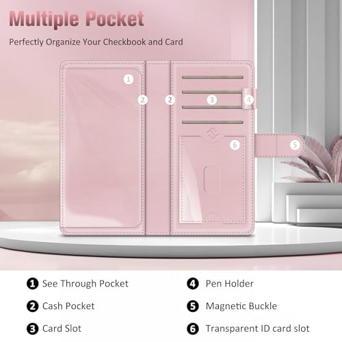 Image of FINTIE Checkbook Cover for Personal Checkbook, RFID Blocking Big Capacity Standard Register Duplicate Checks with Pen Holder, Cards Slots (Marble Pink)