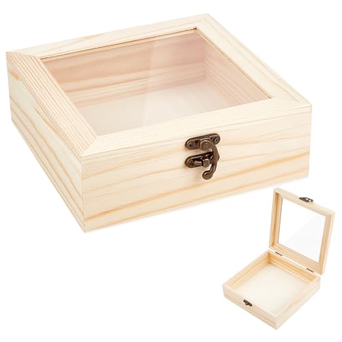 PH PandaHall Boîte de Stockage pour Bibelots en Bois 18x18x6.5cm Boîte à Souvenirs Conteneur Boîtes de Présentation Carrée en Bois avec Fenêtre en Verre...