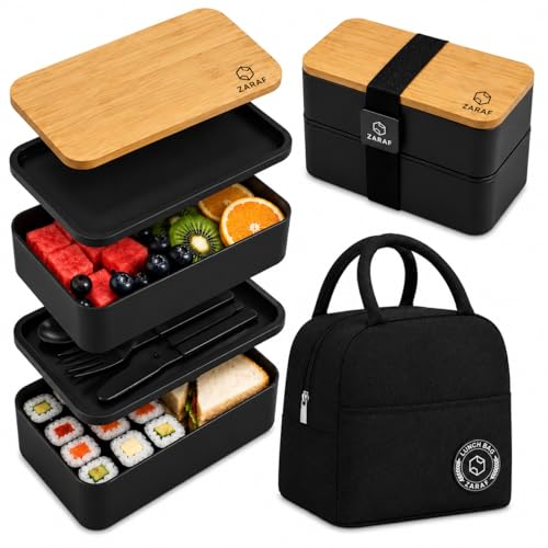 zaraf Bento Lunch Box 2 Couches Boite Repas Compartiment 1200 ml Lunchbox Hermétique avec Couverts Kit et Sac Isotherme Repas Boite Bento pour Adultes Enfants...