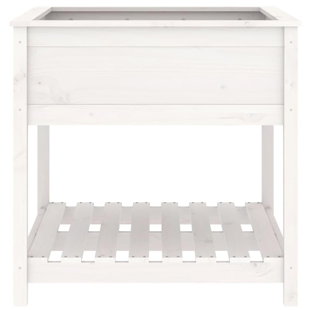 Pflanzkübel Weiß 82,5x82,5x81 cm aus massivem Kiefernholz, Blumentopf groß mit Ablage, ergonomisches Hochbeet für Balkon, Terrasse und Garten