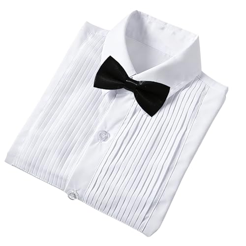 Boy's Tuxedo Shirt for Kids Toddler White Dress Shirt Formal Wedding Outfit Youth Boy Button Down Tuxedo Shirt and Bowtie Set Size 18
