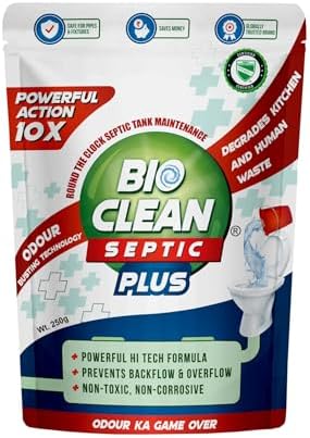 Bioclean Septic Plus - Septic Tank Cleaning Powder 10X Powerful| Degrades Sludge Buildup| Bacteria for Odour Removal| Treatment Powder| Pack of 1 (250gm)