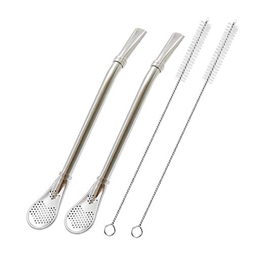 Pajitas de acero inoxidable con cuchara de filtro, paquete de 2 pajitas de té, mate Bombilla, barra...