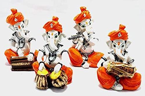 Lord Ganesha Ganpati Idol Figurine | Lord Ganesha Statue for Home Decoration (Set of 4) Decorative Showpiece - 14 cm (Polyresin, Orange, White)