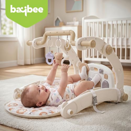 Image of Baybee 8 in 1 Rocker for Babies with Music Toy Bar, Soft Fabric, Food Tray, Tool Free Installation | Multi-Function Push Walker, Ride-On, Play Gym & Rocking Chair | Baby Bouncers & Rockers for 0-3 Years (White & Beige)