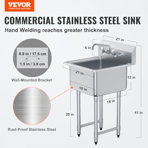 Image of VEVOR Stainless Steel Prep & Utility Sink, 1 Compartment Free Standing Small Sink Include Faucet & legs, 21 inchx18 inch Commercial Single Bowl Sinks for Garage, Restaurant, Kitchen, Laundry