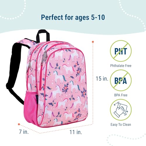 Image of Wildkin 15 Inch Backpack for Kids, Magical Unicorns | Ages 5-10, padded straps, side water bottle pocket - coordinates with matching Wildkin lunch boxes and water bottles