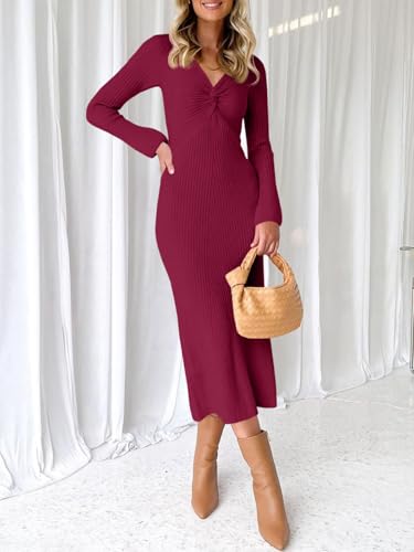 Image of RAISECOM Women Sweater Dress Long Sleeve V Neck Knit Bodycon Midi Dress