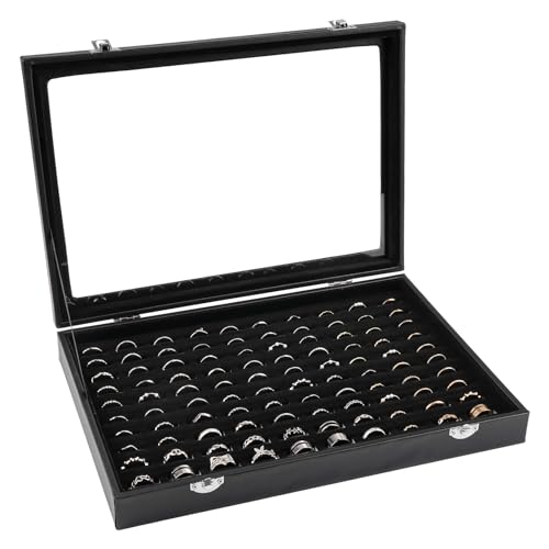 Deepton 100 Slots Rings Organiser, Velvet Clear Lid Ring Holder, Ring Box Lockable, Dustproof Ring Storage for Women Girls, Display Jewellery Rings Storage Tray Case 13.58"(L) X 9.52"(W)