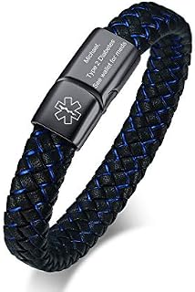VNOX Free Engraving Medical Alert ID Blue&Black Braided Leather Black Stainless Steel Magnetic