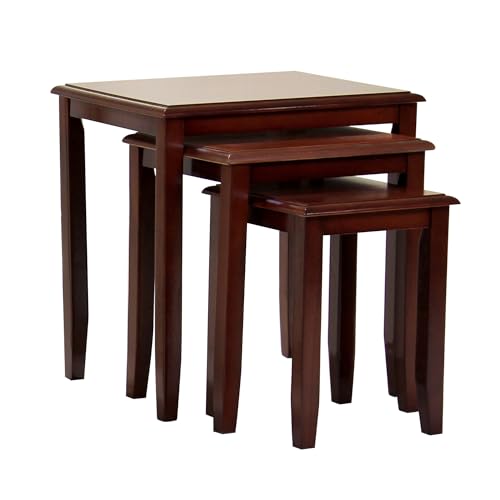 Image of Kingfisher Solid Rubberwood Nest of Tables, Natural or Mahogany, Wooden Nesting Side Tables Set of 3, Space Saving Living Room Furniture (Mahogany)