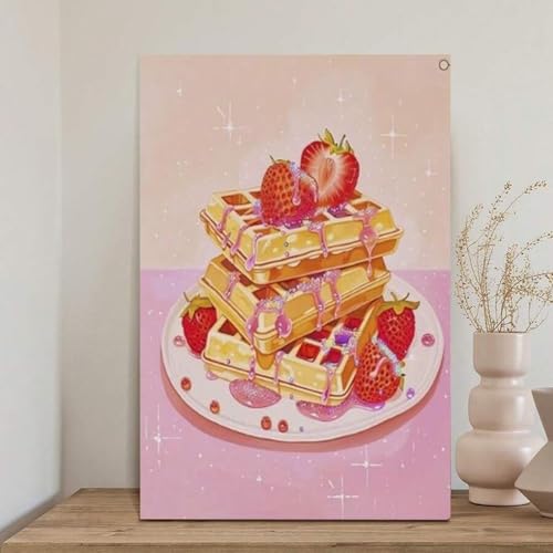 Peinture sur toile gâteau aux fraises pour décoration murale de cuisine pastel