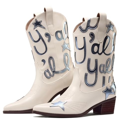 Image of Metallic Cowboy boots for Women Embroidered Mid Calf Womens Cowgirl Boots Western Pointed Toe Chunky Heel