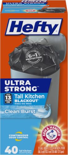 Image of Hefty Ultra Strong Trash Bags 13 Gallon Black | Tall Kitchen | Drawstring Closure | Odor Control | Clean Burst Scent | 40 Bags, Pack of 6