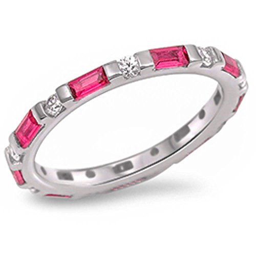 Oxford Diamond Co Simulated Ruby Stackable Eternity Anniversary Band .925 Sterling Silver Ring Size 8