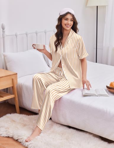 Image of Ekouaer Silk Satin Pajamas for Women Set 2 Piece Short Sleeve Button Up Pjs
