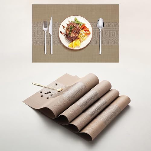 Image of YELONA Placemats Set of 4, Heat-Resistant Woven Vinyl Table Mats, Non-Slip & Washable Dining Tablemats for Kitchen & Dinner Decor, Peanut Brown (45cm x 30cm)