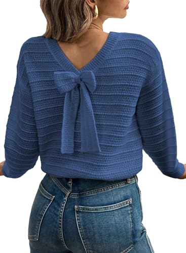 Image of EVALESS Sweaters for Women Long Sleeve Fall Outfits 2026 Back Bow Knot Sweaters Round Neck Solid Knit Pullover Tops