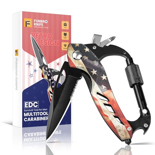FUNBRO Multitool Carabiner Knife Tools for Men, Cool Gadgets Survival Gear with Folding Knives, Bottle Opener, Window Breaker and Screwdriver for Hiking Camping, 7-in-1 EDC Multi Tool (USA Flag)