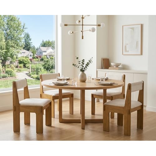 CIMOTA Wooden Dining Chairs Set of 4, Modern Chenille Fabric Upholstered Kitchen Side Chairs, Farmhouse Oak Wood Dining Room Chair with Backrest, Oatmeal