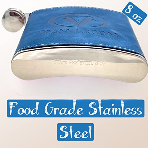 Groomsmen Proposal Gift For Wedding, Stainless Steel Wrapped Leather Hip Flask 8 Oz, Leakproof & Stamped With Team Groom For Bachelor Party Favors Or Groomsman & Best Man Gift Boxes. (Blue, 5) #TOP3