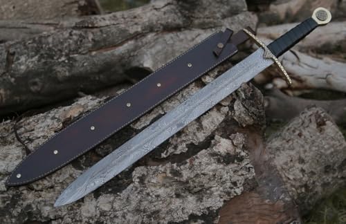 Handmade Damascus Steel Fixed Blade, 32 Inch Double Edge Medieval Sword, Leather Handle, Hunting Roman Sword with Leather Sheath for Combat, Hiking, Camping by Empire Industry
