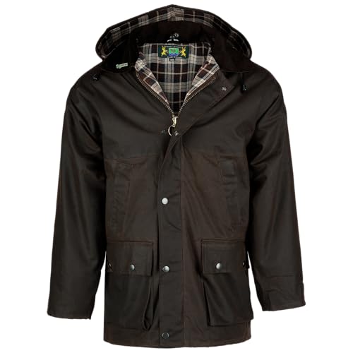 Romneys Gefütterte englische Wachsjacke Country – Robuste, warme wind- und wasserdichte Jacke inklusive Kapuze (Braun, L)