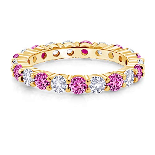 Gem Stone King 1.33 Cttw Round Pink Sapphire and White Created Sapphire 18K Yellow Gold Plated Silver Eternity Band Ring For Women | Round 3MM | Gemstone Birthstone | Available In Size 5, 6, 7, 8, 92
