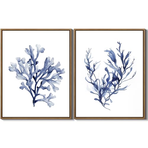 Watercolor Sea Coral Wall Art Set of 2 Navy Blue Corals Pictures Wall Decor Coastal Ocean Coral Canvas Print Painting Modern Framed Artwork for Living Room Bedroom Bathroom Home Office Décor, 11"x14"