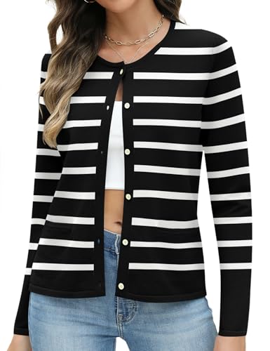 Rapbin Women's Lightweight Button Down Cardigan Sweater with Pockets Long Sleeve Crew Neck Open Front Casual Outfits