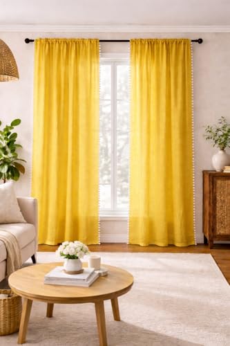 Image of THE LINEN COMPANY Cotton Linen Textured Sheer Eyelet Curtains with Side Border Pompom for Long Door /Balcony, Light Filtering Curtain Panels, Chili Red, 10 Feet, Pack of 1