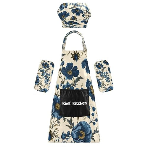 Bulletgxll Blue Floral Kids Apron and Chef Hat Set Adjustable Bib Aprons with Pockets for Cooking Baking Painting