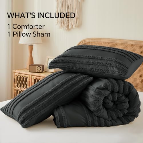 Image of BEDELITE Boho Twin /Twin XL Comforter Set,Dark Grey Tufted Striped Bed Set 2 Pieces, Soft Vintage Farmhouse Comforter for College, Boho Home Dorm Decor, Fluffy Jacquard Bedding with 1 Pillow Sham