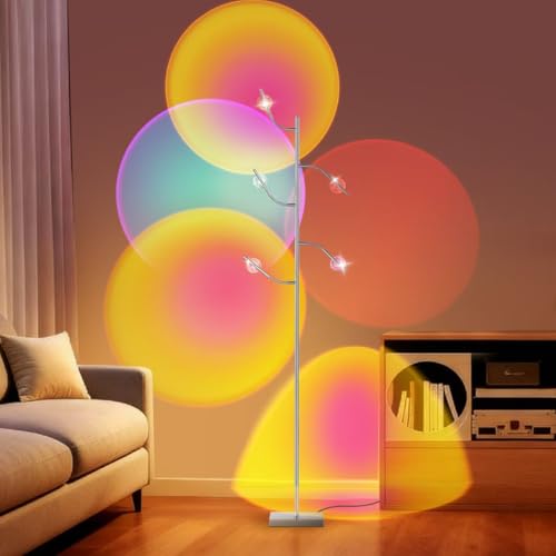 FarTryGo 5 Head RGBW Halo Projector Floor Lamp 4000K LED with Replaceable Color Filters 71 Inch 15W Chrome Sunset Projection Floor Lamp for Bedroom Living Room Game Room